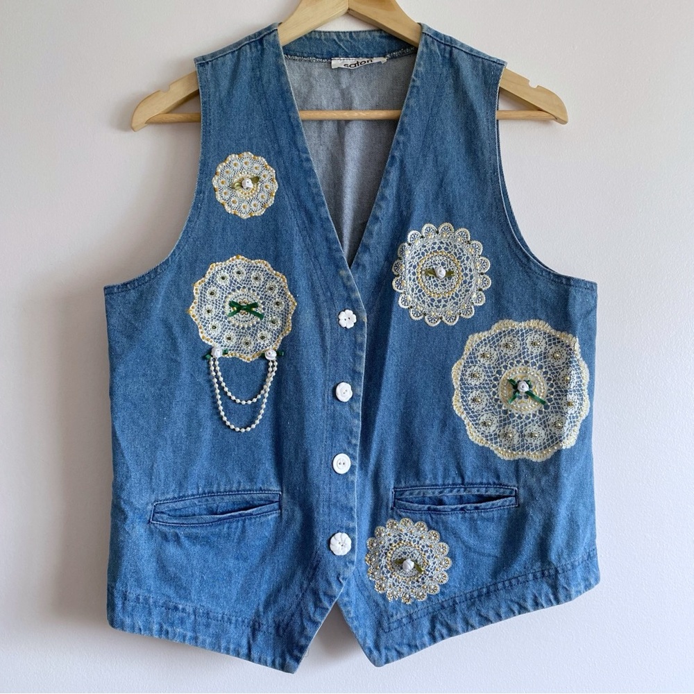 Vintage Cottagecore Lacy Floral Denim Vest
